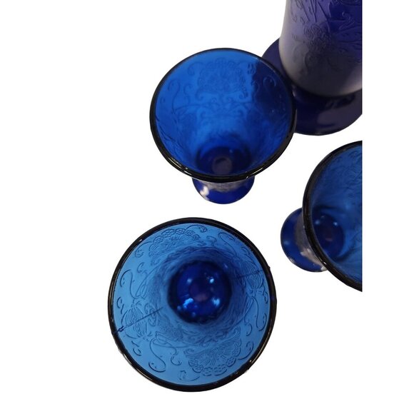 Vintage Cobalt Blue Glass Pitcher Set Florentine 2 Upper Deck 5 Piece Taiwan Emb - Picture 10 of 16